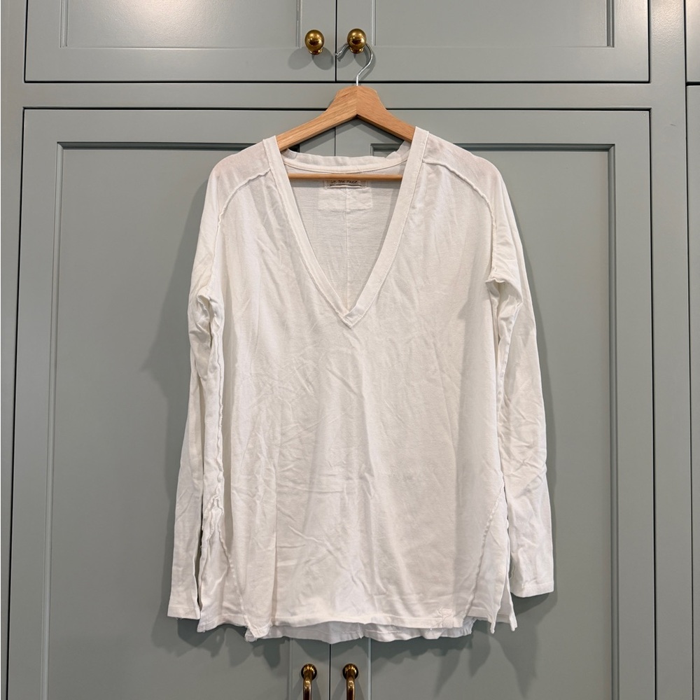 Free People White Long Sleeve V-Neck Top